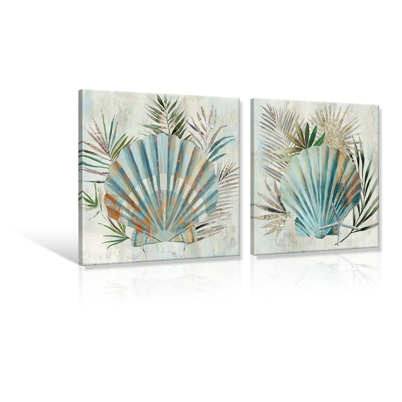 JAPO ART Turquoise Shell Pictures Modern Seashell with Tropical Palm Leaves Canvas Wall Art Coastal Wall Art for Bathroom Bedroom Livingroom Home Decorations 12x12Inchx2pcs - Image 2